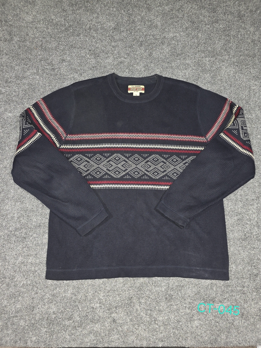 Eddie Bauer Navy Crewneck Sweater with Red and Cream Fair Isle Pattern